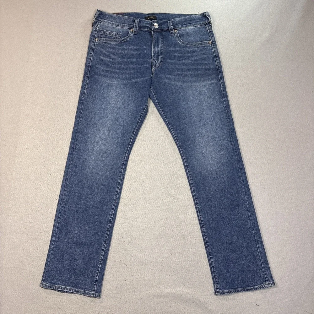 True Religion Men Ricky Relaxed Straight Blue Denim Jean Logo Size 36 (38x34)